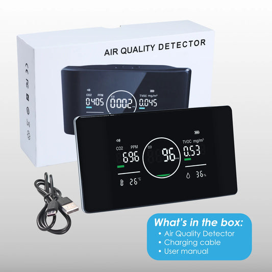 JMT-367306 5-in-1 Air Quality Monitor for CO, CO2, TVOC, Humidity, and Temperature Detection