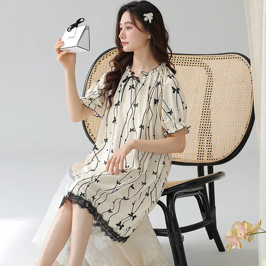 JMT-918282 2024 Summer Cotton Girls Nightgowns Lady Pajamas Sets for Women Short-sleeved Nightdress