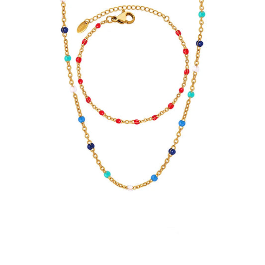 JMT-161162 Fashion New Seed Bead Necklace 18K Gold Bohemian Style Enamel Drop Oil Color Crystal Beaded Choker Necklace Bracelet Jewelry Set