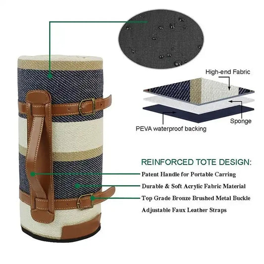 JMT-847306 Outdoor Waterproof Acrylic Plaid Picnic Blanket with Leather Strap - Foldable Moisture-Proof Camping Rug