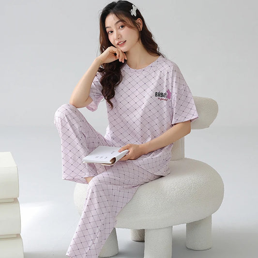 JMT-442570 Women's Pajama Set Two Pieces Short-Sleeved Trousers Homewear Sleepwear Leisure Comfortable Cotton Sweet Soft