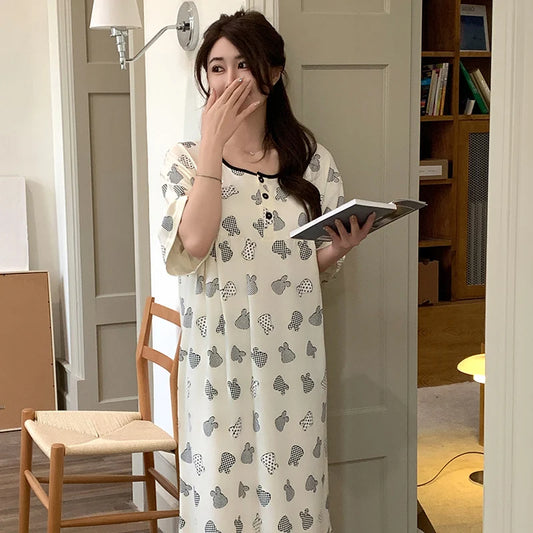 JMT-180426 Mid-length Fashion Nightdress Summer New Cotton Nightgown Cartoon Round Neck Short Sleeves Loose Loungewear Dress
