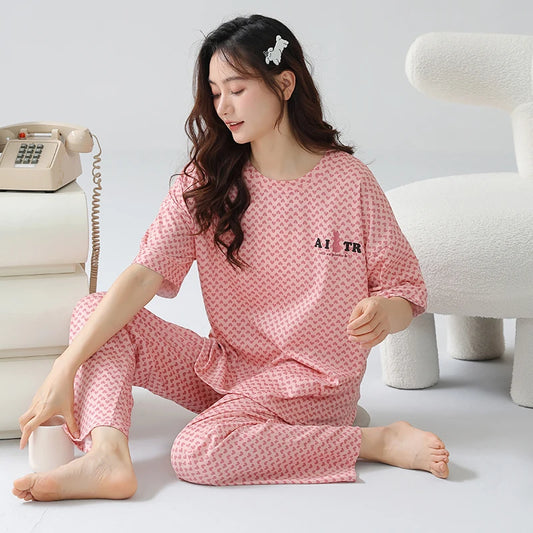JMT-377034 Heart Shape Print Cotton Pajamas Two-piece Suit Summer Short-sleeved Long Pants Plus Size Home Service Set