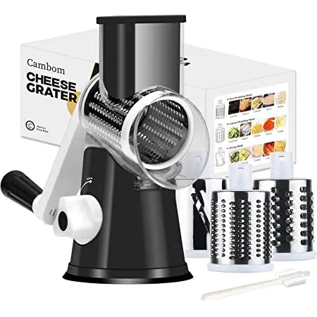 JMT-203722 Manual Stainless Steel Rotary Cheese Grater with 3 Blades and Cleaning Brush for Vegetables and Potatoes