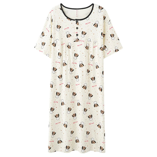 JMT-049354 New Buttons Thin Less Ladies Cotton Pajamas Summer Round Neck Short-sleeved Cartoon Women's Nightgown