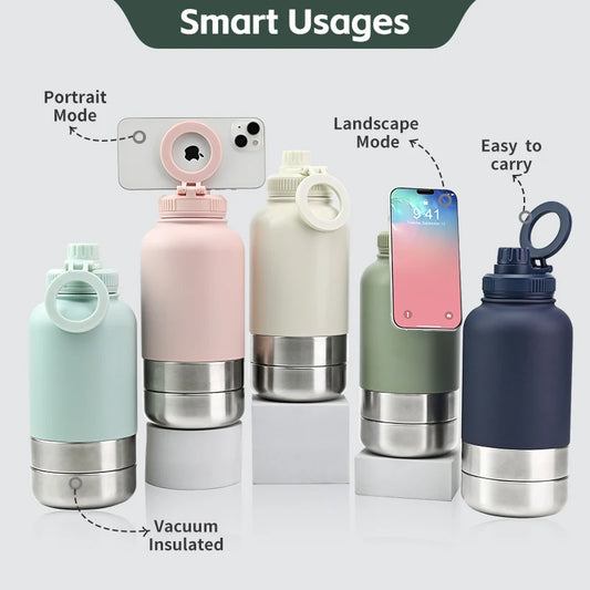 JMT-316362 32oz Stainless Steel Insulated Water Bottle with Magnetic Lid and Dual Bowls for Dogs