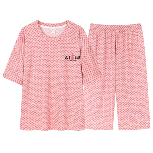 JMT-803018 New Arrival 2 Sets Short Sleeve Seven-point Pants Thin Sweetness Cute Sleepwear Women's Cotton Pajamas