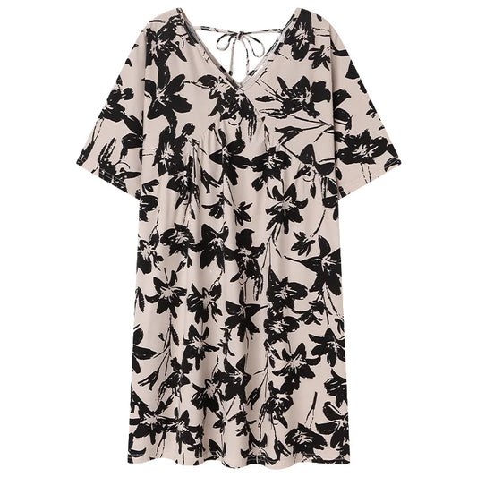 JMT-983818 Nightgown for Women Loose Sleepwear V Neck Pajama Dress Soft Nightshirt Short Sleeves Nightdress Print High-end Dresses