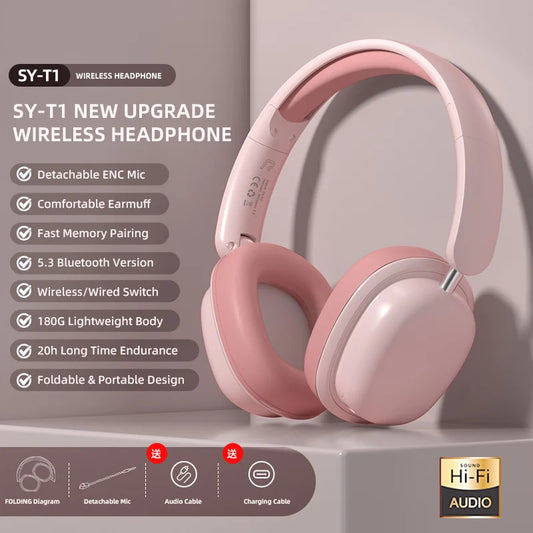 JMT-424906 Foldable Wireless Bluetooth 5.3 Headphones with Detachable Microphone for Music and Calls