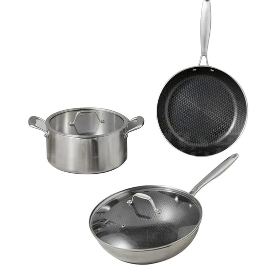 JMT-623946 Stainless Steel Kitchenware Set with 28cm Frypan, 24cm Fry Pan, 30cm Soup Pot, and Wok
