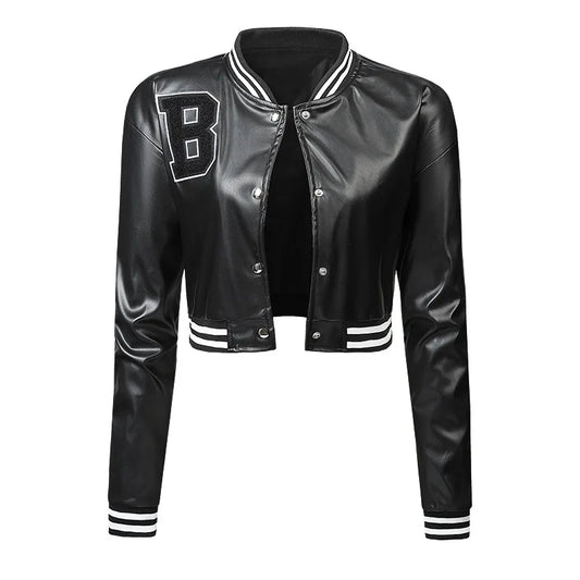 JMT-781258 Women's High-Waisted Cardigan Leather Jacket Slim Fit Baseball Style Custom Logo Embroidery Decoration Sporty Motorcycle Suit