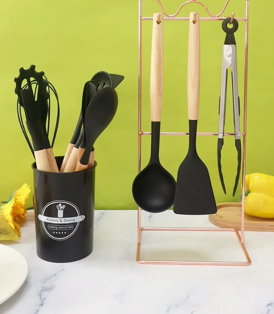 JMT-082698 Eco-Friendly Silicone Utensils Set with Wooden Handles - 12-Piece Kitchen Cookware
