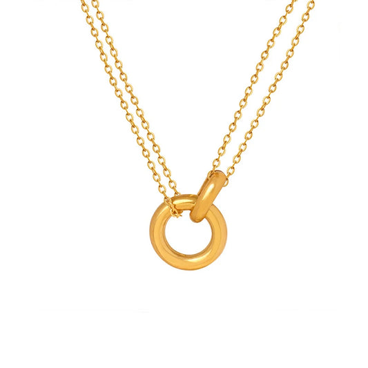 JMT-176970 Dainty 18k Gold Round Necklace Simple Double Circle Pendant Pure Gold Clasp Necklace Female