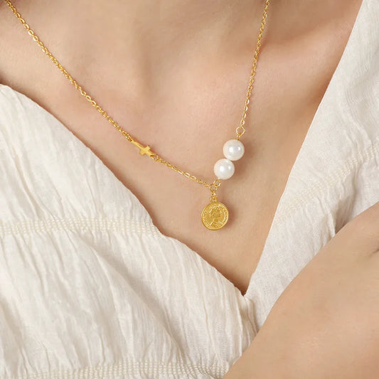 JMT-587146 2024 Exquisite 18K Gold Plated Imitation Pearl Satellite Dainty Chain Tassel Necklace Stainless Steel Jewelry