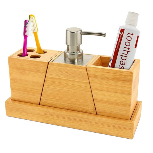JMT-682122 Bamboo 4-Piece Bathroom Accessory Set with Soap Dispenser, Toothbrush Holder, and Tray