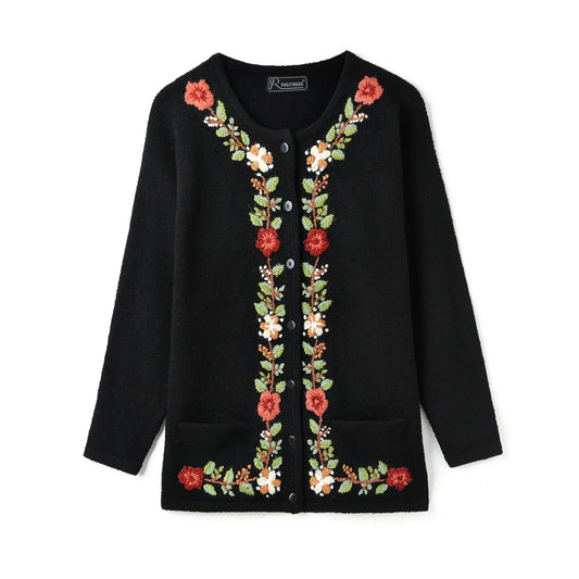 JMT-256970 Handmade Mauhair Women's Long Sleeve Crew Neck Embroidered Knitted Cardigan Retro Antique Floral Casual Winter Button Plus Front