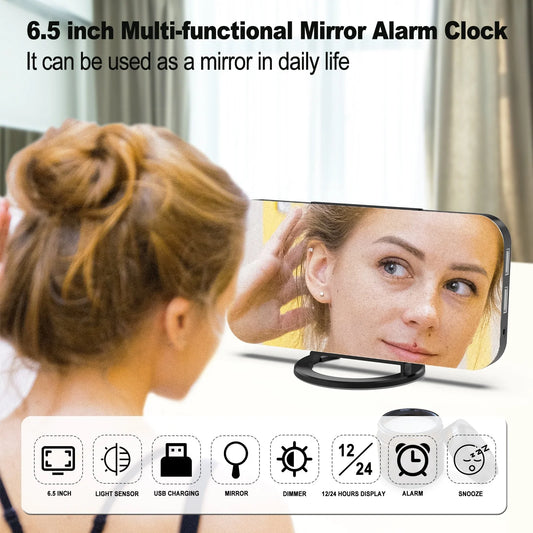 JMT-467018 Modern Digital LED Alarm Clock with Mirror Display and USB Charging Ports