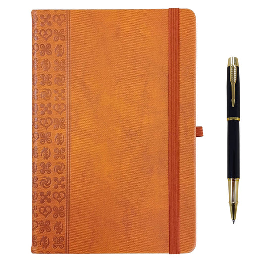 JMT-681546 A5 Brown PU Notebook with Pen, Elastic Closure, 128 Lined Pages, 100g Paper