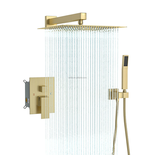 JMT-351818 Contemporary Thermostatic Rain Shower Head and Handheld Faucet Set in Polished Brass Chrome Finish