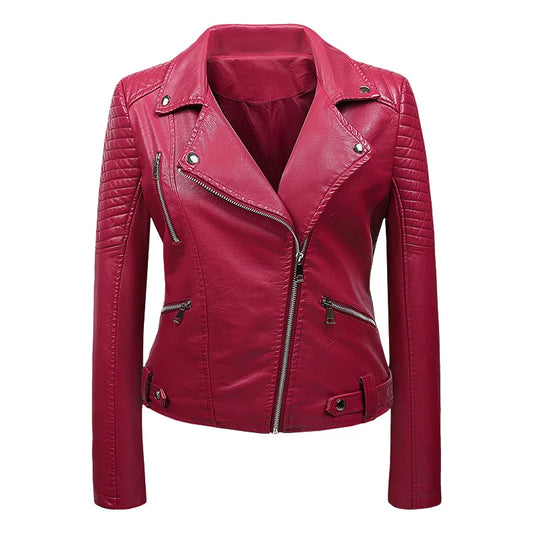 JMT-682954 PU Leather Jacket for Women Korean Version Slim Fit Harajuku Style Spring Short Flip Collar Motorcycle Jacket Clothing