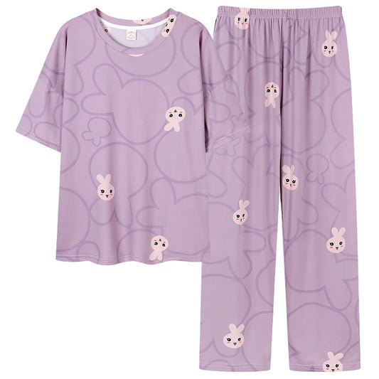JMT-540874 Cartoon Printing Leisure Style Round Neck Female Short Sleeves Long Pants Cotton Pajamas for Women