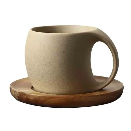 JMT-815498 Japanese Ceramic Coffee Mug with Wooden Saucer - Elegant Porcelain Tea Cup Set