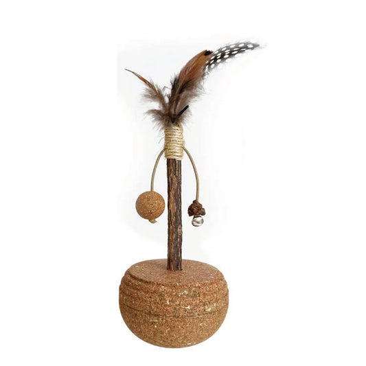 JMT-679946 Natural Cork Catnip Ball Toy with Bells and Feathers for Cats