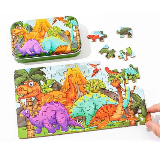 JMT-508298 60-Piece Educational Dinosaur Jigsaw Puzzle for Kids - Iron Box Wooden Puzzle Toys