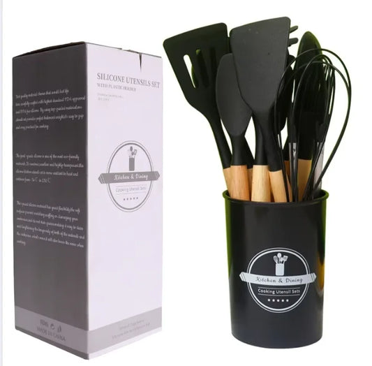 JMT-082698 Eco-Friendly Silicone Utensils Set with Wooden Handles - 12-Piece Kitchen Cookware