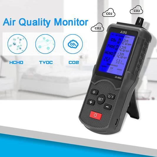 JMT-105162 Air Quality Tester with LCD - CO2, TVOC, HCHO Meter, Thermometer, and Humidity Monitor with Lithium Battery
