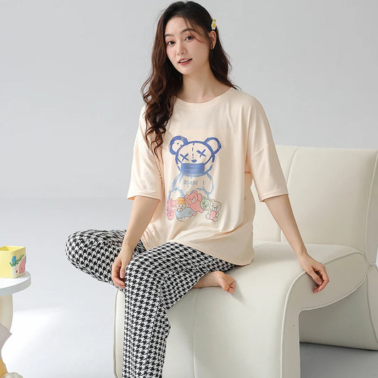 JMT-475338 Summer 2 Pieces Short-Sleeved Trousers Set Wearable Cartoon Print Round Neck Plus Size Home Pajamas Set