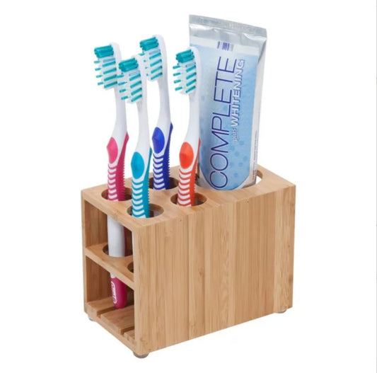 JMT-008650 Bamboo Wall-Mounted Toothbrush and Toothpaste Holder for Eco-Friendly Bathroom Storage