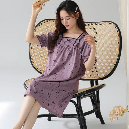 JMT-754442 New Summer Loose Nightgown Short Sleeves Girl Nightdress Cotton Night Dress for Women 2024