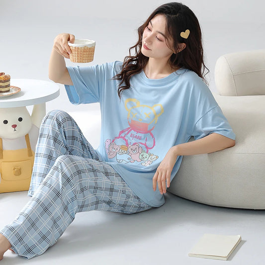 JMT-508106 Perfect Quality Nightclothes Cartoon Pyjamas Women'S Sleepwear Home Wear 2 Piece Set Short Sleeve Trouser Loose Pajamas