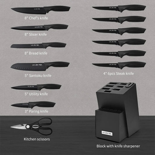 JMT-030730 15-Piece Professional Black Non-Stick Coating Stainless Steel Knife Block Set with Kitchen Scissor