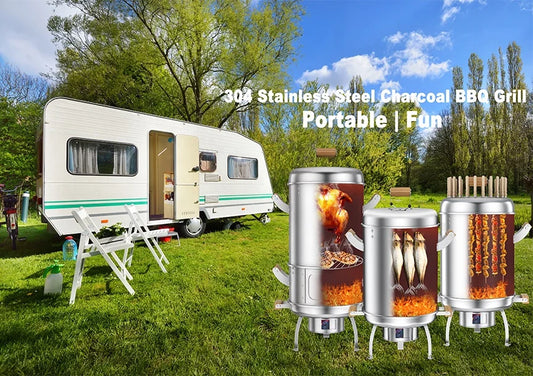 JMT-546634 304 Stainless Steel Portable Charcoal BBQ Grill and Chicken Roaster, 3-in-1 Multi-functional Design, Detachable Accessories