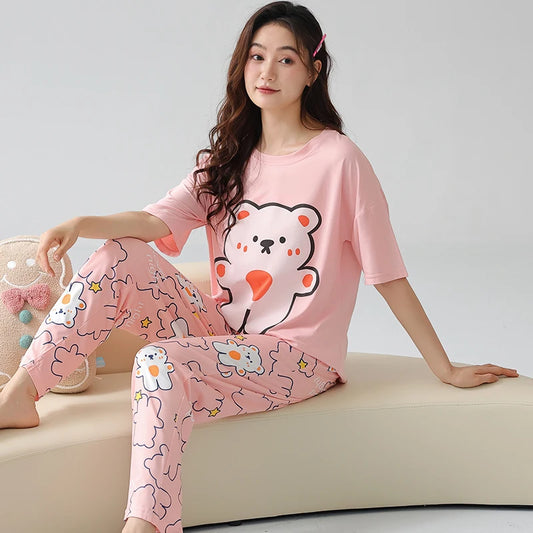 JMT-344266 Cartoon Ladies Night Wear Suits Sleep Wear Two-piece Cotton Comfortable Women Short Sleeved Trousers Pajamas Sets