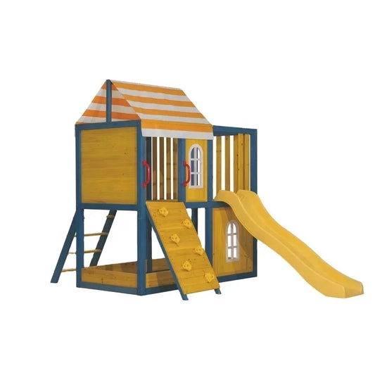 JMT-368330 Children's Wooden Playhouse with Slide and Swing for Outdoor Garden Fun