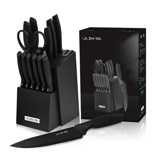 JMT-030730 15-Piece Professional Black Non-Stick Coating Stainless Steel Knife Block Set with Kitchen Scissor