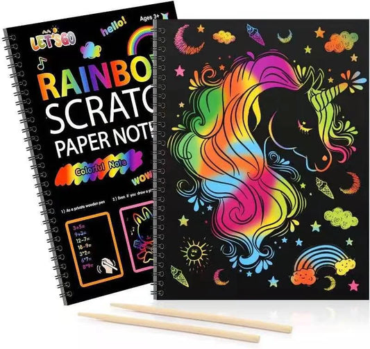 JMT-105546 DIY Rainbow Scratch Paper Set for Kids with Bamboo Sticks - Creative Scratch Art Books
