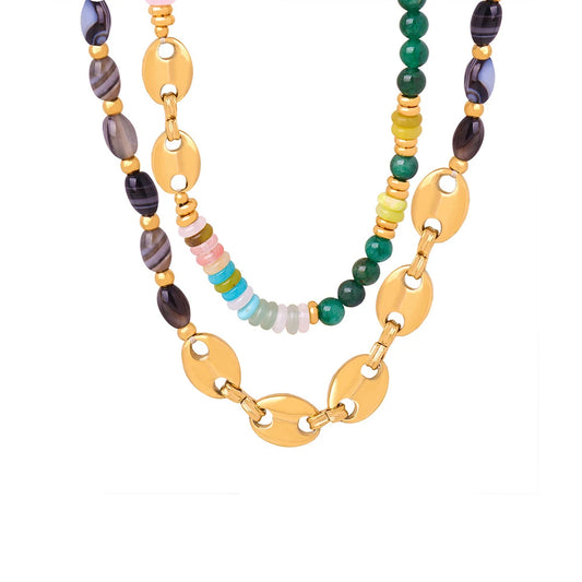 JMT-783754 Fashion Gold Plated Stainless Steel Coffee Bean Chain Natural Stone Green Red Agate Beads Chokers Necklace Jewelry for Women