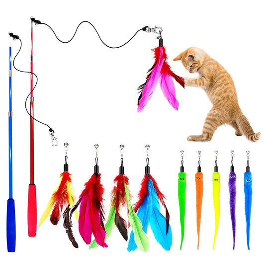 JMT-056202 Eco-Friendly Plush Cat Toy Set with Retractable Rod and Feather Replacement Head for Interactive Play