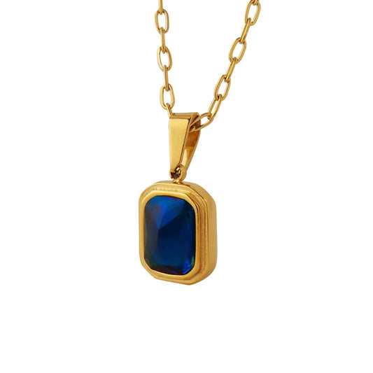 JMT-325002 Vintage Style Titanium Steel Square Stone Pendant Necklace 18K Gold Plated Blue Diamond Stainless Steel Necklace