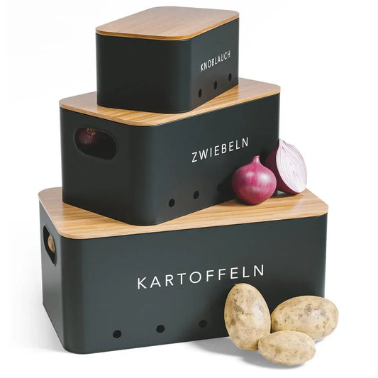 JMT-266954 Rectangle Bamboo Lid Potato, Onion, and Garlic Storage Pots, Carbon Steel Canister, Custom Sizes Available