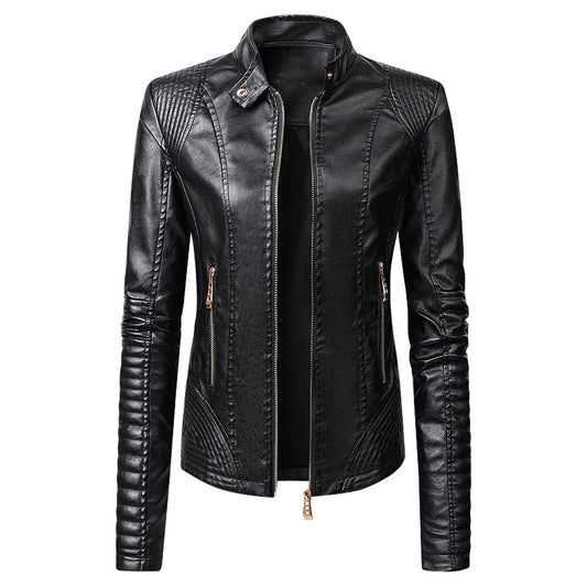 JMT-043402 New Popular Long PU Leather Jackets for European American Women Zipper Closure Women's Clothing Jacket Custom