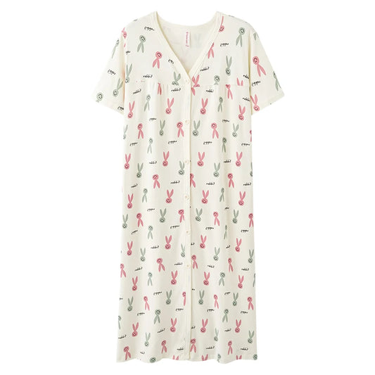 JMT-278730 Lovely Printed Women's Nightdress Cotton Short Sleeve Single Skirt 2024 Summer Loose Comfortable Cardigan Home Wear Wholesale