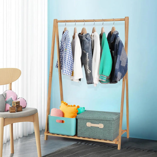 JMT-725706 Bamboo Children's Hanging Clothes Rack with Hat Storage for Bedroom and Wardrobe Organization