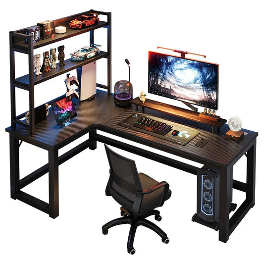 JMT-863178 L-Shaped Gaming Desk with PC Storage Shelf and Carbon Fiber Texture in Black Walnut