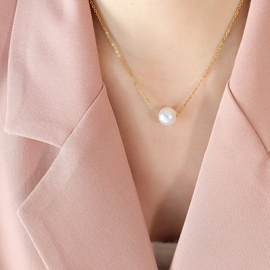JMT-816522 Fashion Jewelry Gold Plated Freshwater Pearl Necklace Stainless Steel Chain Link Natural Pearl Pendant Necklace