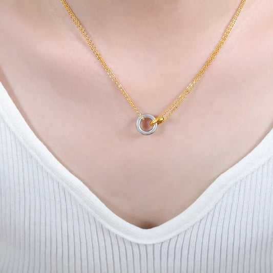 JMT-176970 Dainty 18k Gold Round Necklace Simple Double Circle Pendant Pure Gold Clasp Necklace Female